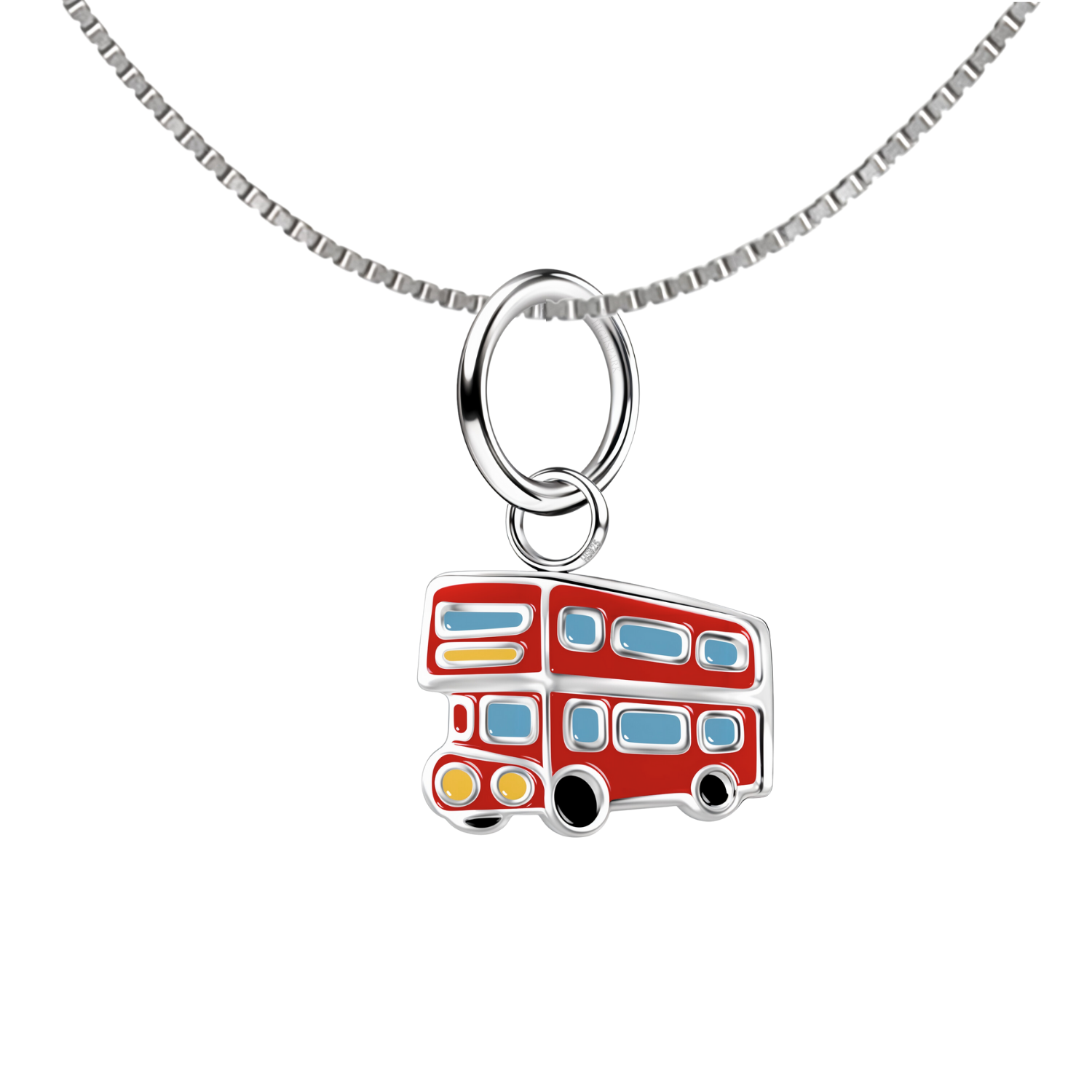 A sterling silver pendant necklace with a red, blue, and yellow enamel double-decker London bus charm on a box chain.