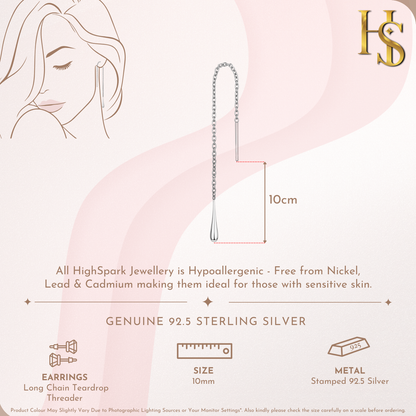 An infographic showing the features and 10cm length of sterling silver long chain threader earrings with a teardrop end.