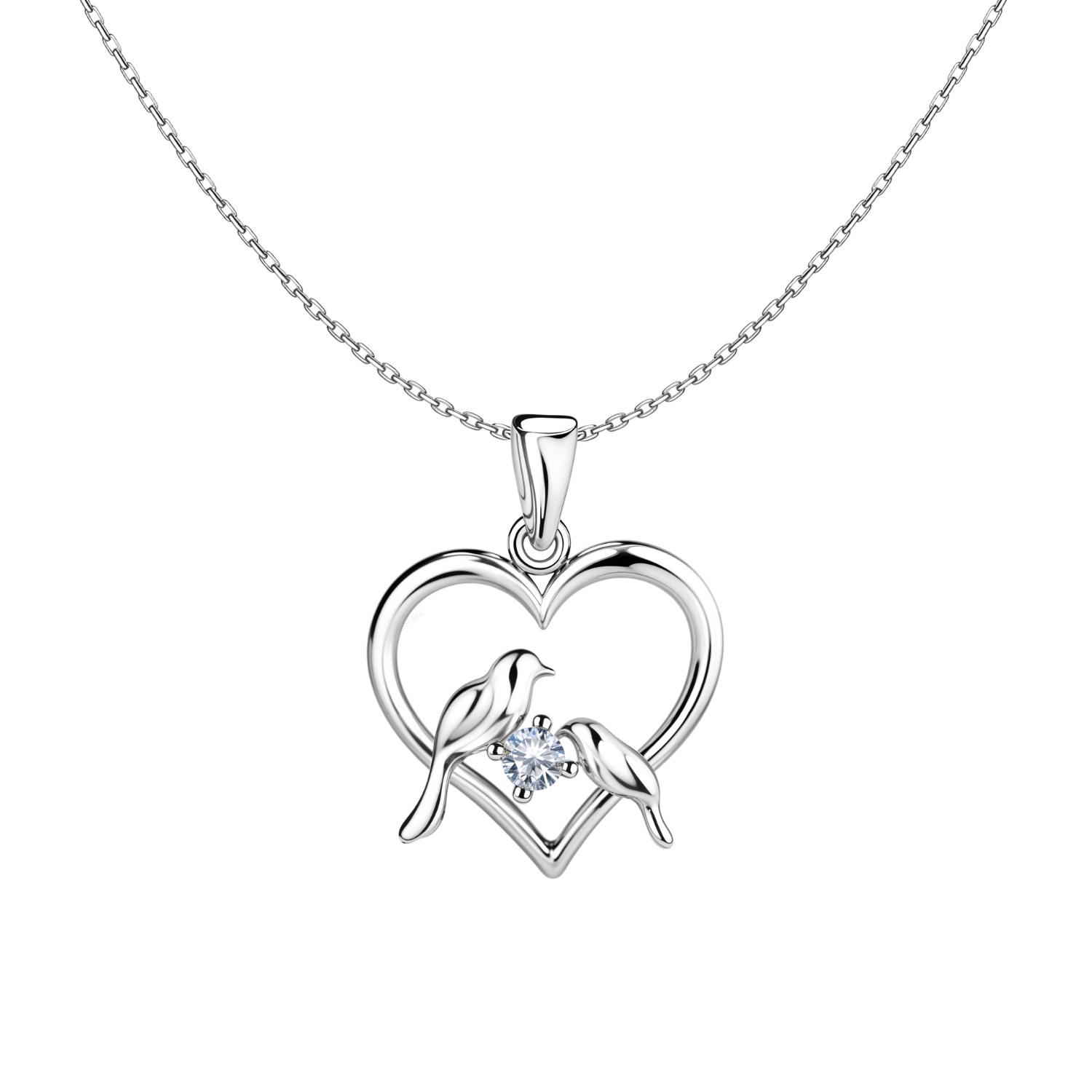 A sterling silver pendant necklace with an open heart frame, two lovebirds.