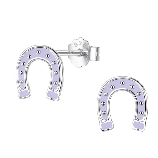 A pair of horseshoe-shaped stud earrings with light purple enamel and silver bead details, made from sterling silver on a white background.