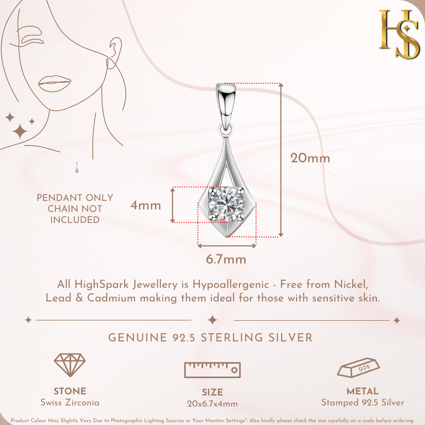 Luminary Drop Solitaire Pendant With Chain in 925 Sterling Silver For Women HighSpark