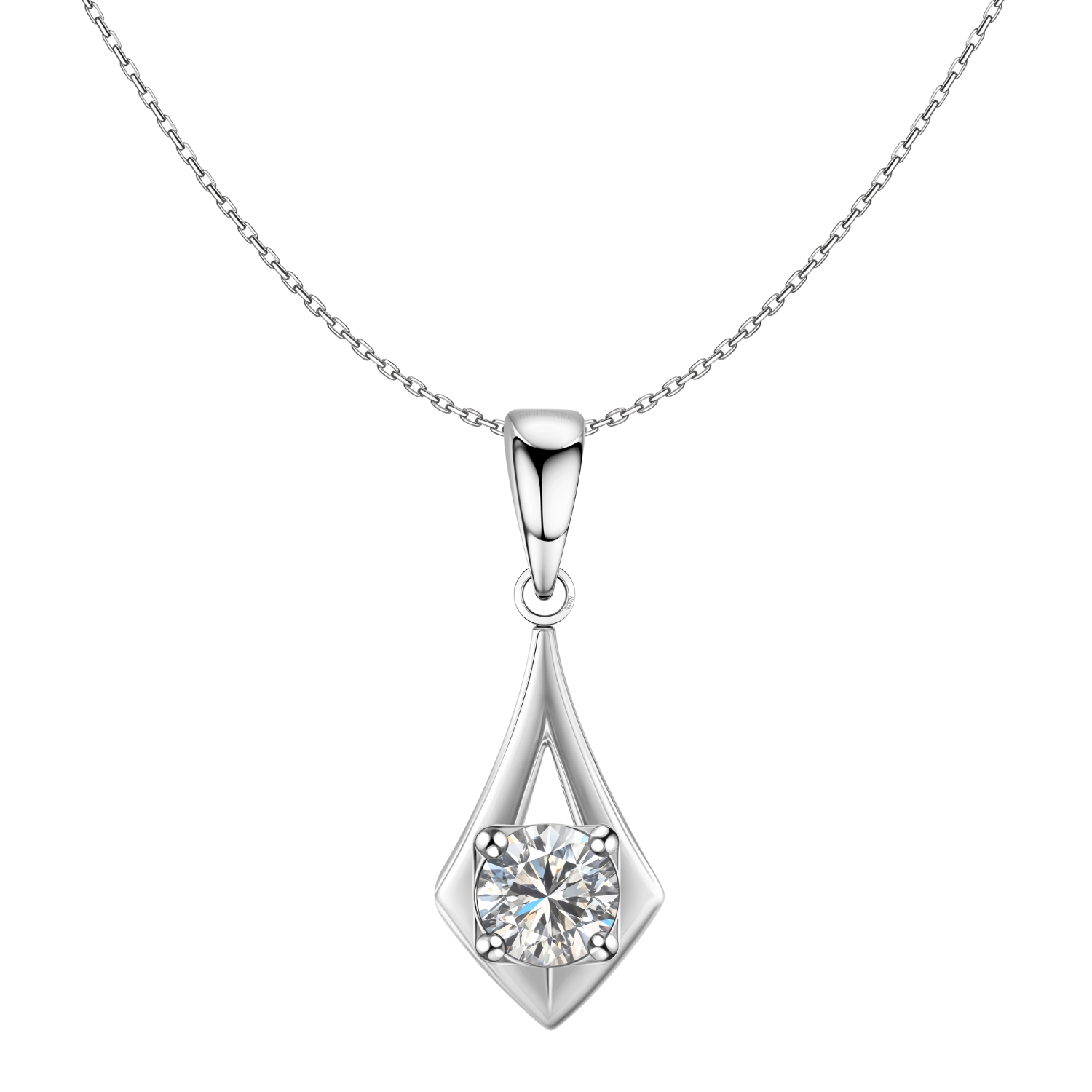 A sterling silver pendant necklace with a diamond-shaped drop holding a round American diamond in a four-prong setting on a plain white.
