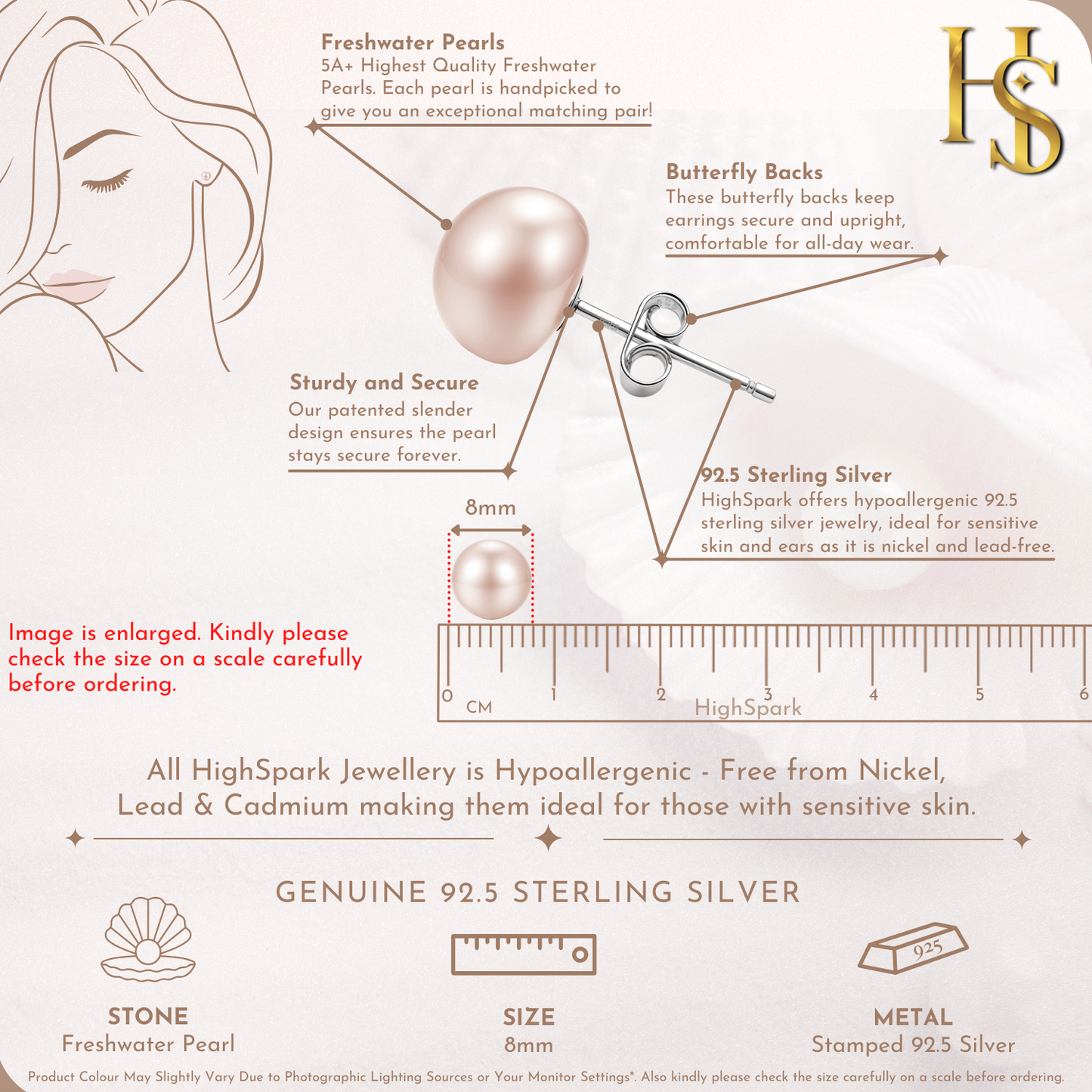Luster Freshwater Pearl Peach Stud earrings in 925 sterling Silver HighSpark
