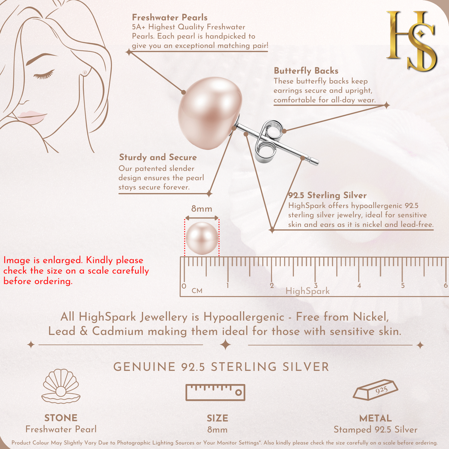 Luster Freshwater Pearl Peach Stud earrings in 925 sterling Silver HighSpark