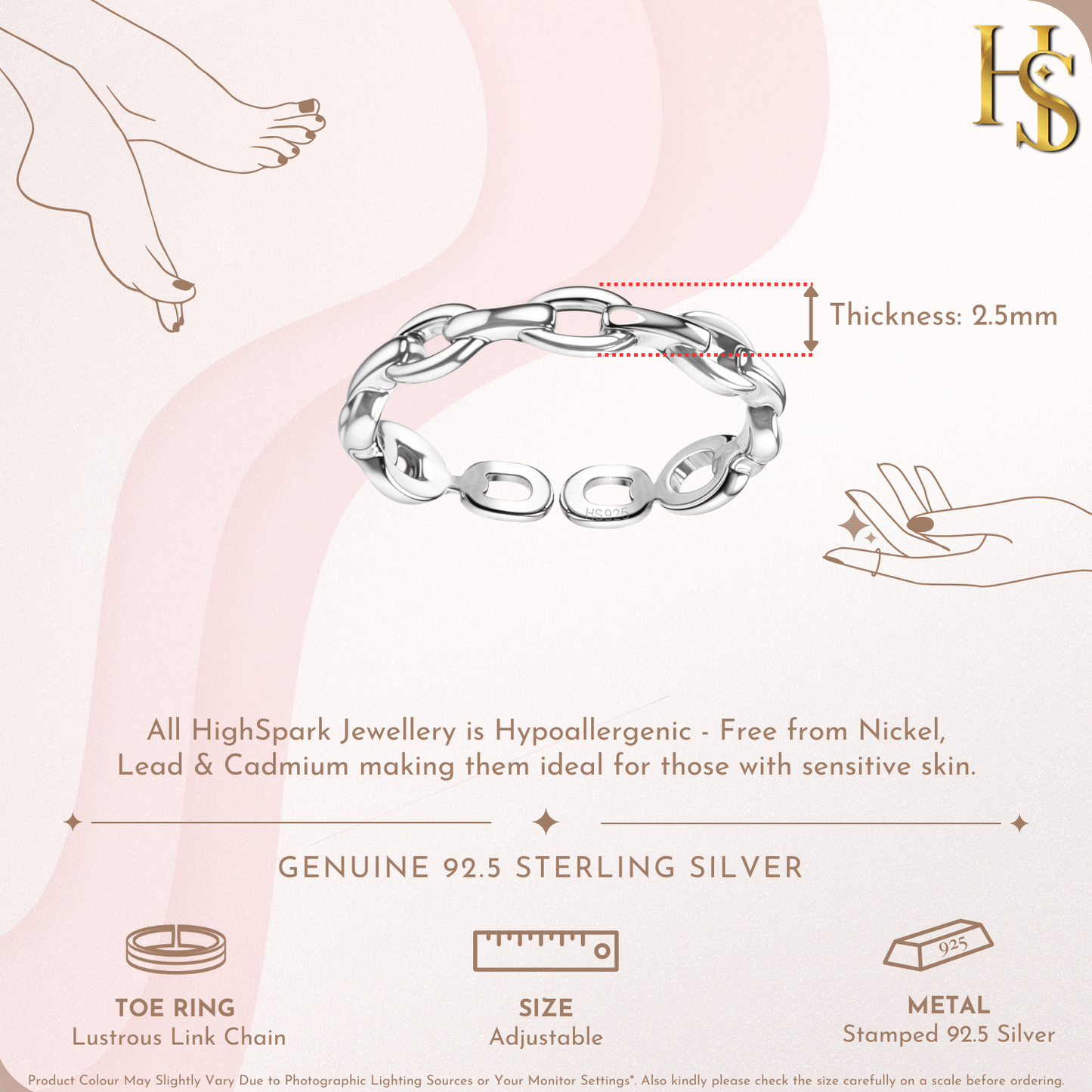 Lustrous Link Chain Toe Rings - Adjustable in 925 Sterling Silver - 1 Piece HighSpark