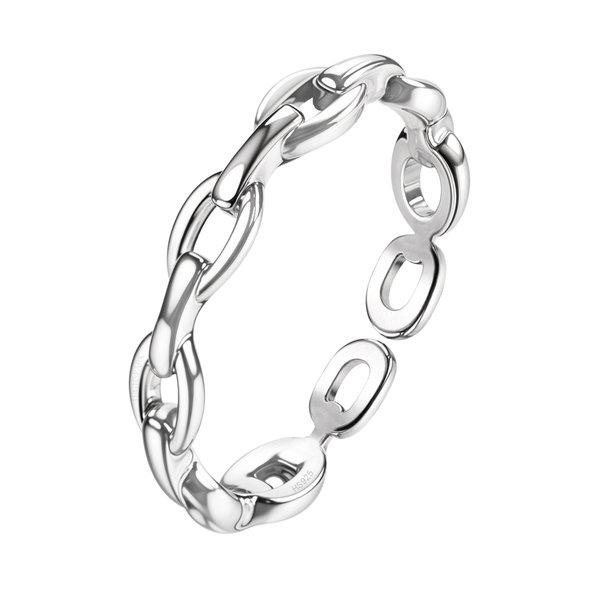 An adjustable toe ring with a link chain design, crafted in polished sterling silver and shown on a white background.