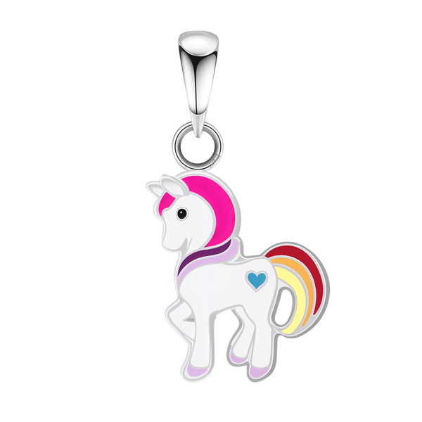 A sterling silver unicorn pendant with a pink mane, rainbow tail, and a blue heart, shown on a plain white background.