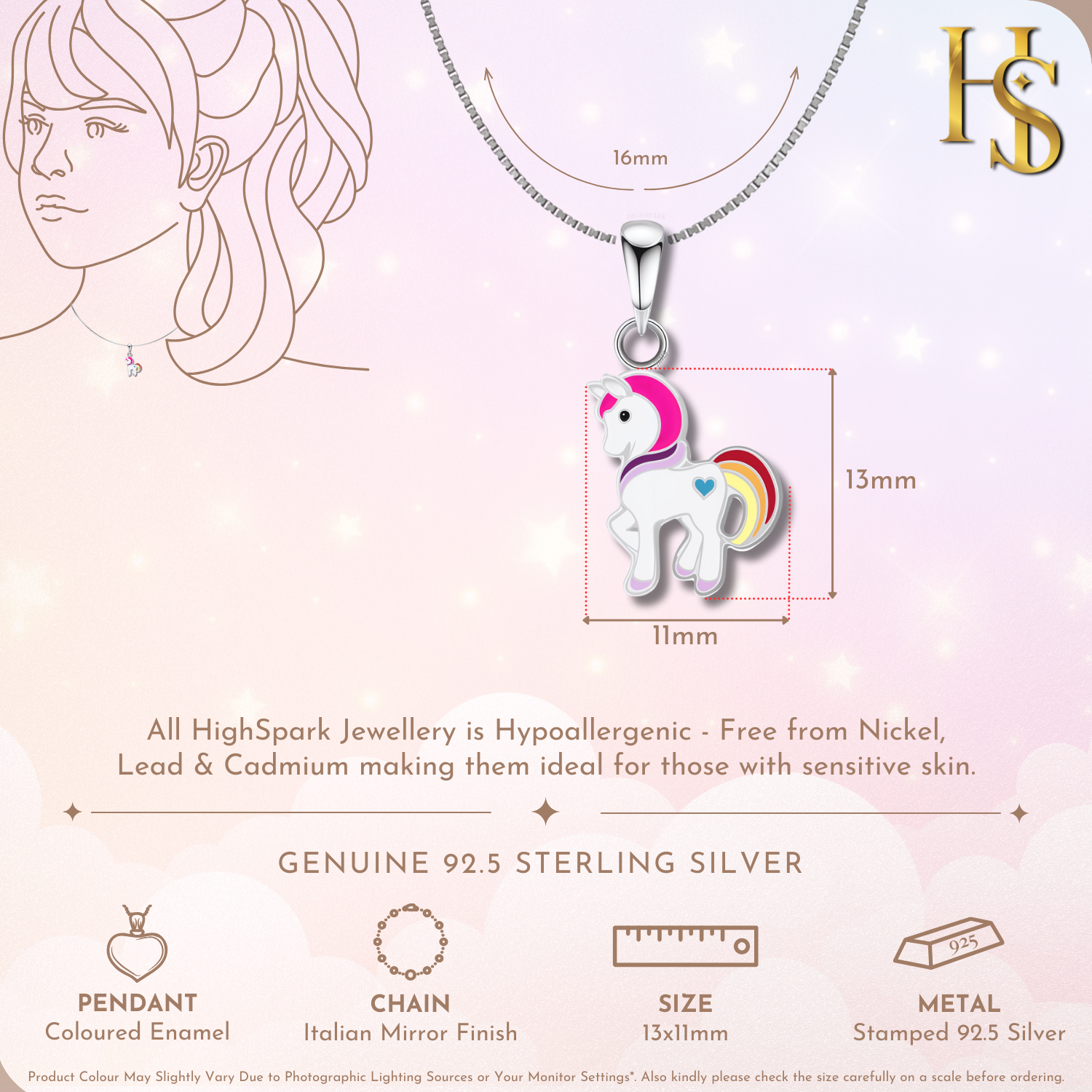 Magical Unicorn Cute Enamel Pendant in 925 Sterling Silver HighSpark