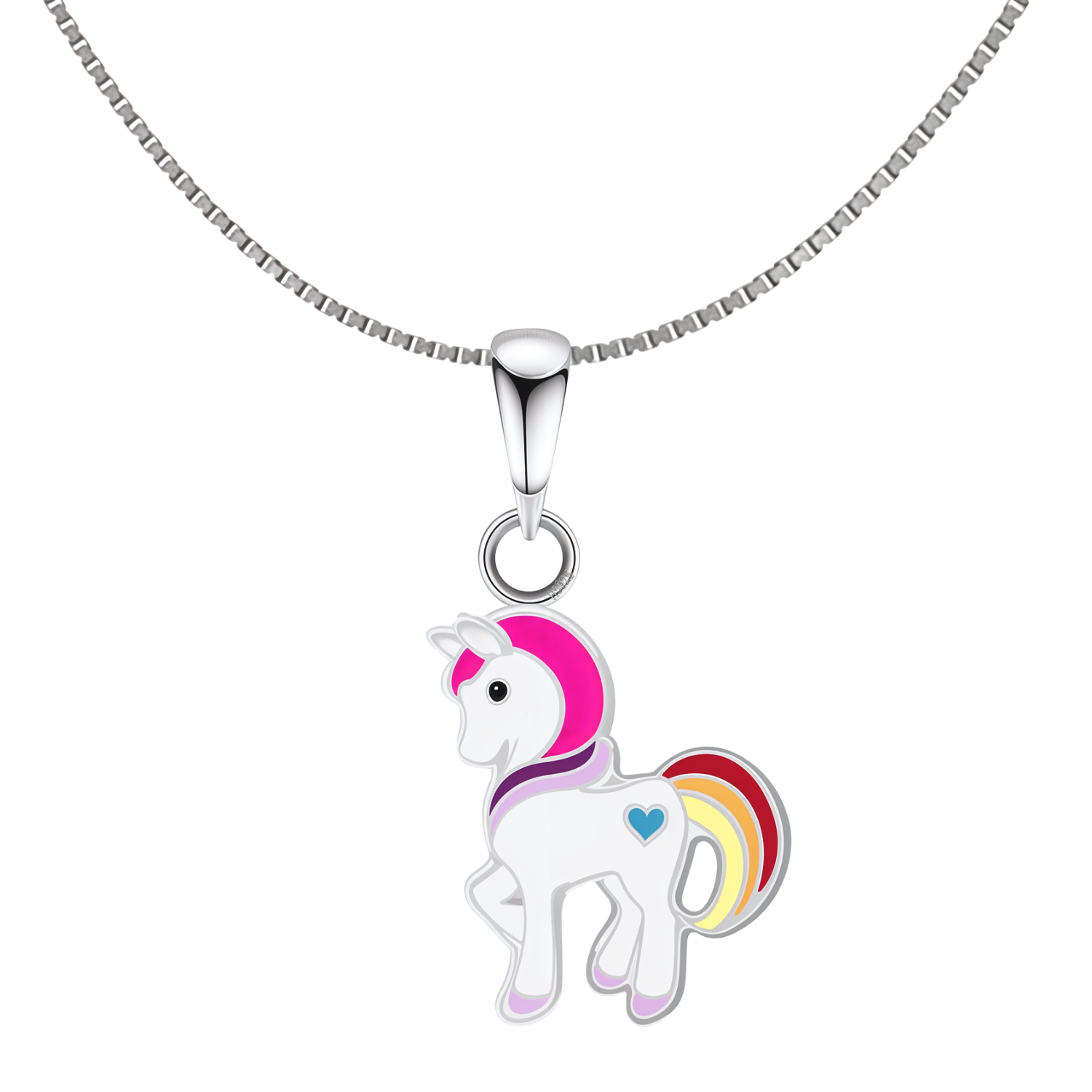 A unicorn pendant with pink, purple, and rainbow enamel details on a sterling silver box chain, shown on a white background.