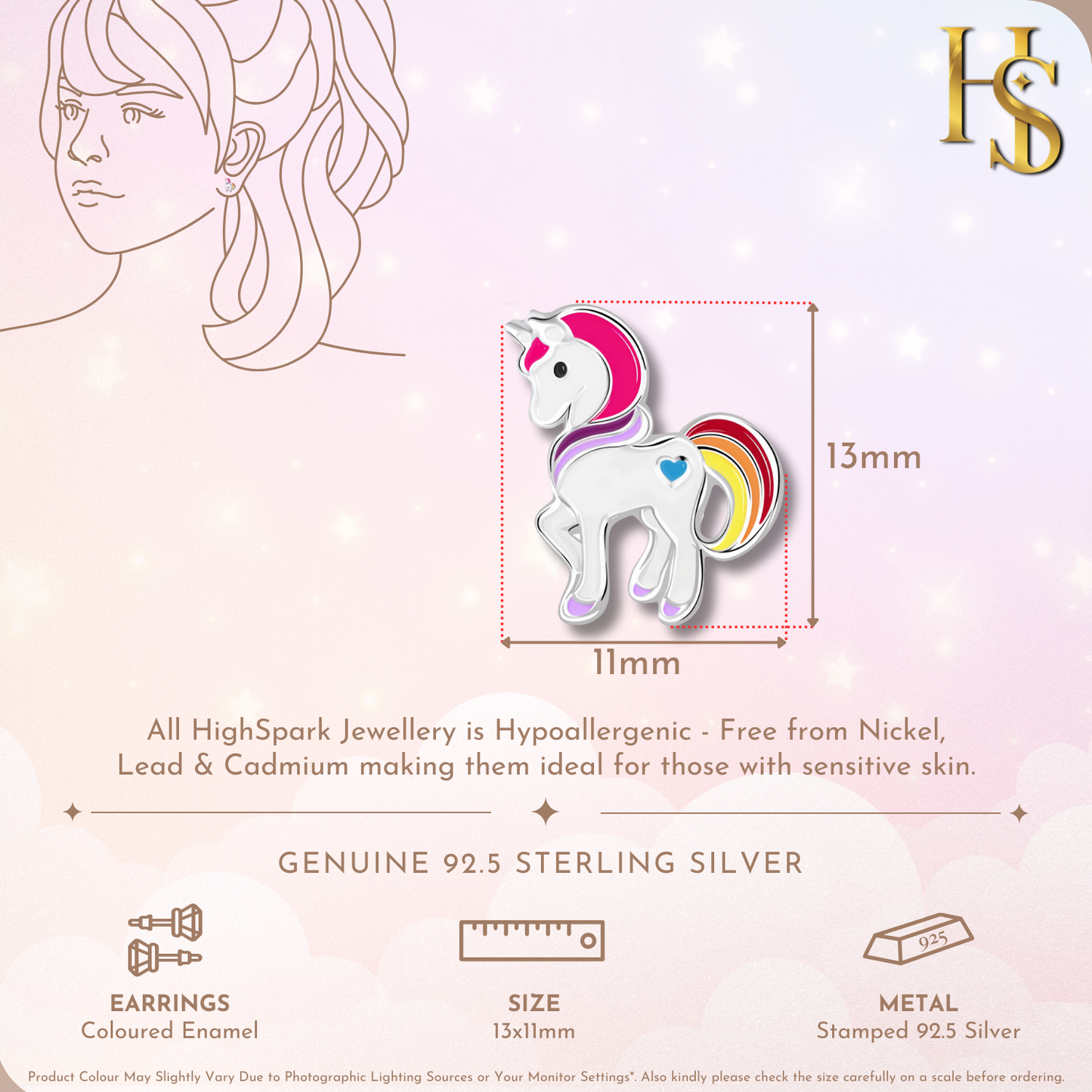 Magical Unicorn Cute Enamel Stud Earrings in 925 Sterling Silver HighSpark