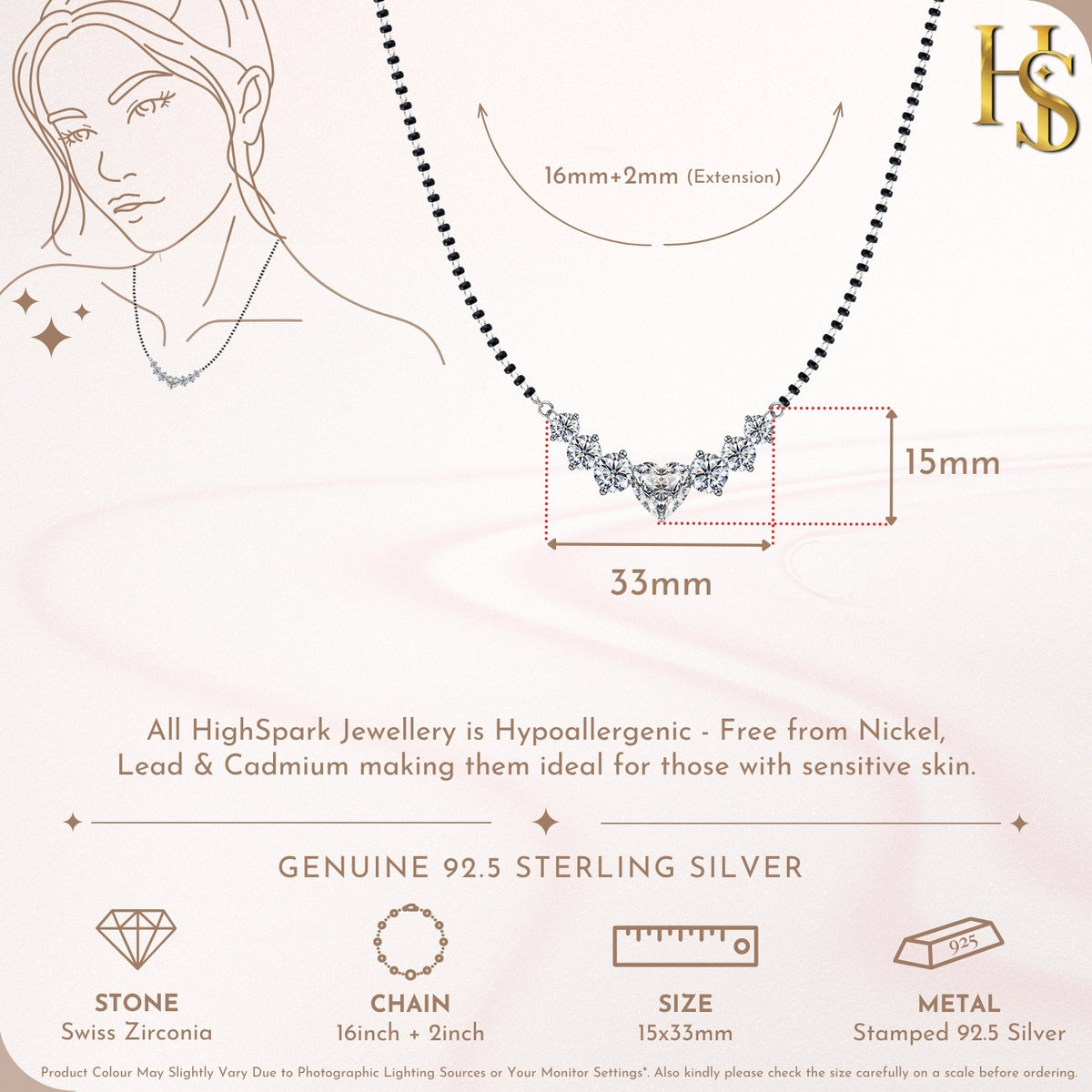 Infographic showing the dimensions of a sterling silver mangalsutra necklace with a heart-shaped American diamond pendant.