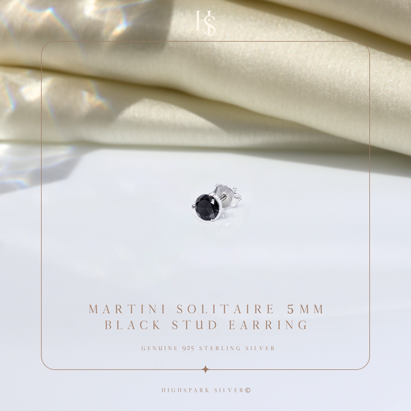 Martini Solitaire 5MM Black Stud Earrings in 925 Sterling Silver For Mens