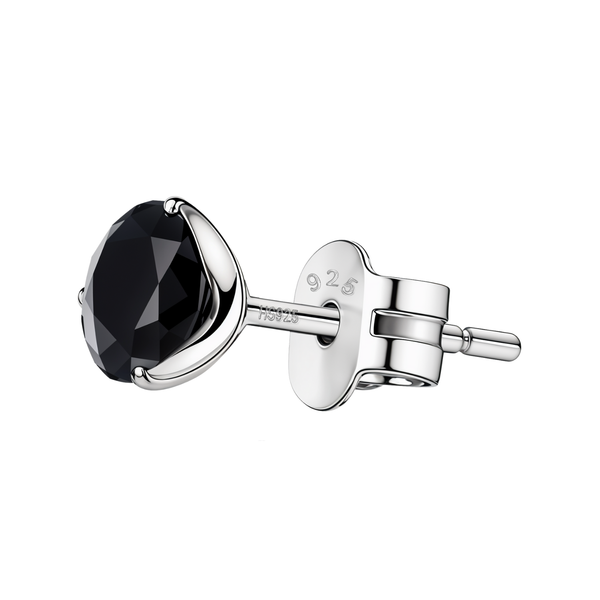 A pair of black diamond stud earrings for men, featuring a round-cut American diamond in a three-prong setting of 925 sterling silver.