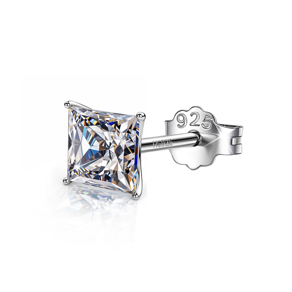A single diamond ear stud for men features a square-cut American diamond in a four-prong setting, crafted from 925 sterling silver.