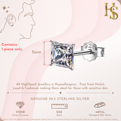 Infographic showing a single sterling silver stud earring with a 5mm square-cut American diamond in a four-prong setting and push-back.