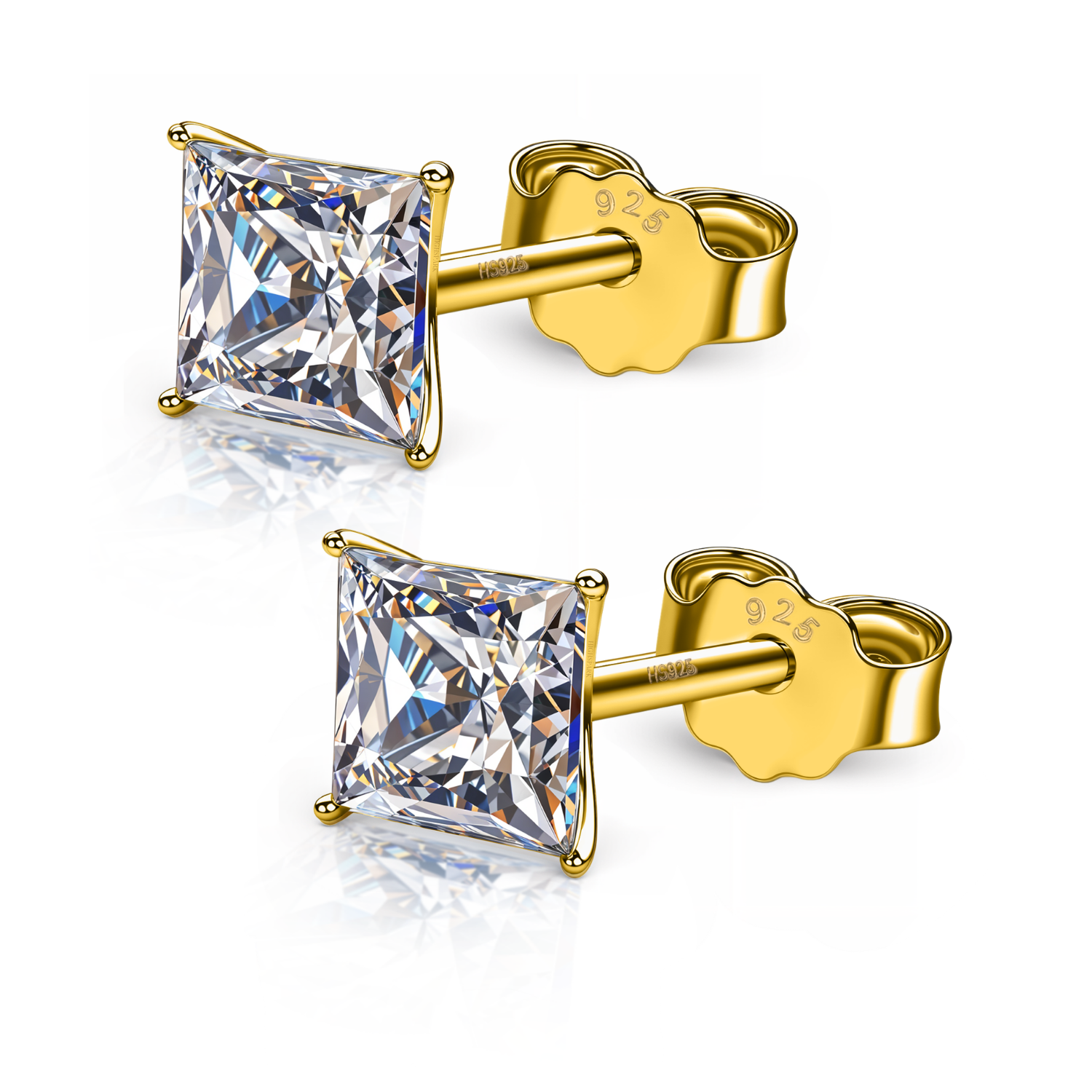 A pair of gold-plated stud earrings with square-cut American diamond solitaires in a four-prong setting on a white background.