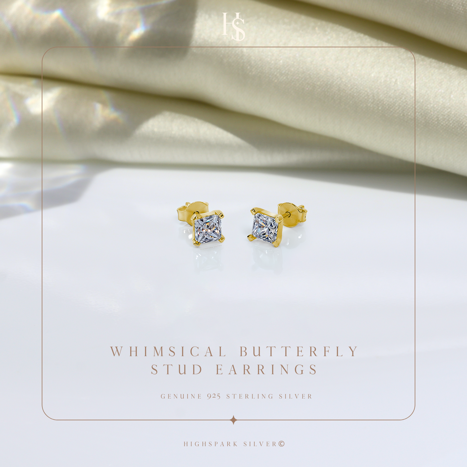 Martini Square Solitire Stud Earring in 925 Sterling Silver with 18k Gold Finish For Women HighSpark