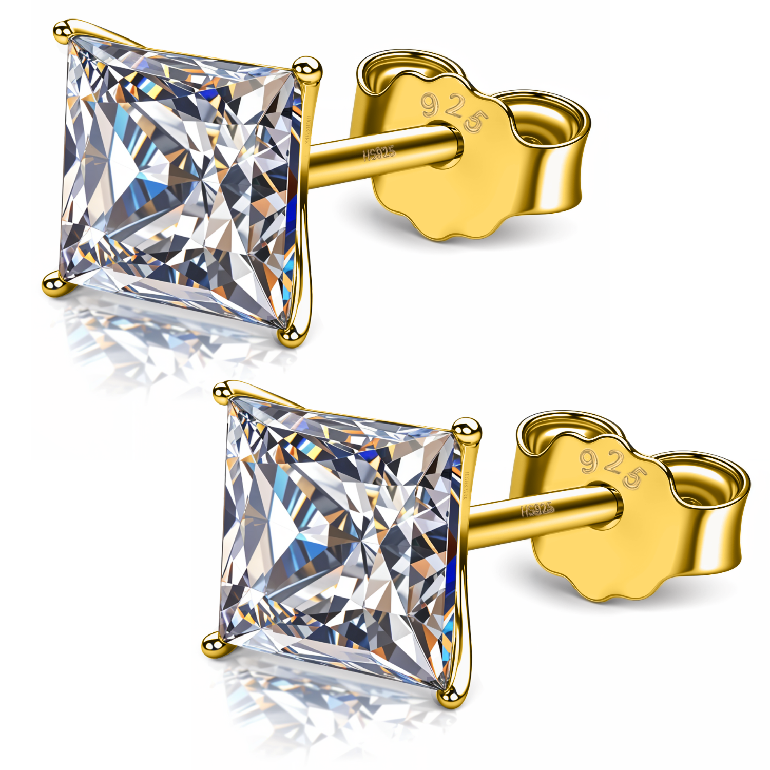 A pair of gold-plated stud earrings with square-cut American diamonds in a four-prong setting, shown on a white background.