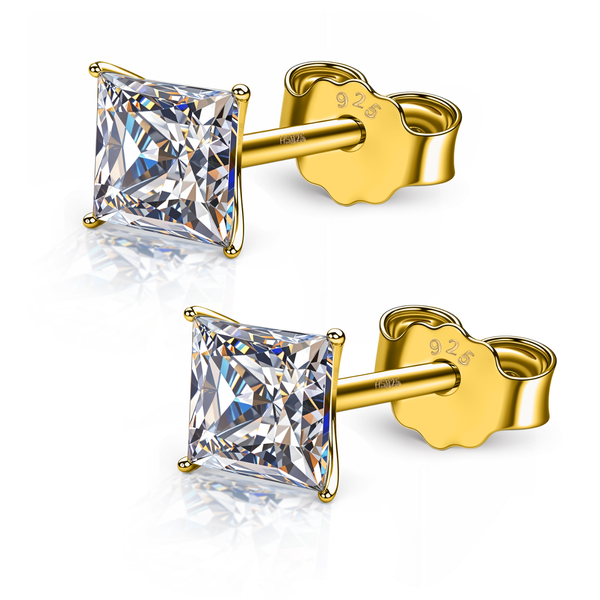 A pair of gold-plated stud earrings with square-cut American diamond solitaires in a four-prong setting on a white background.
