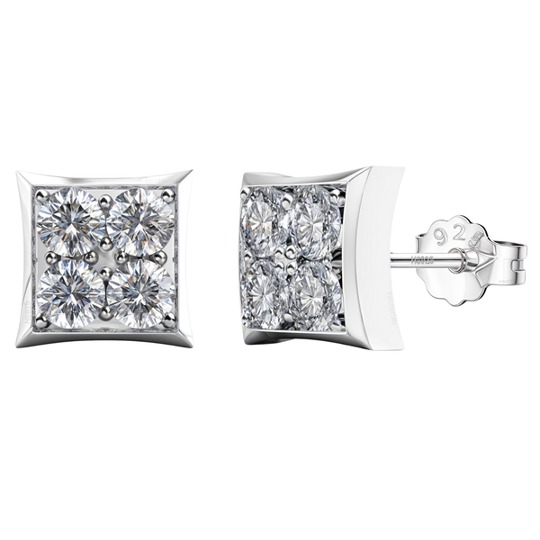 A pair of square stud earrings with four prong-set American diamonds in a 2x2 grid, crafted in sterling silver on a white background.