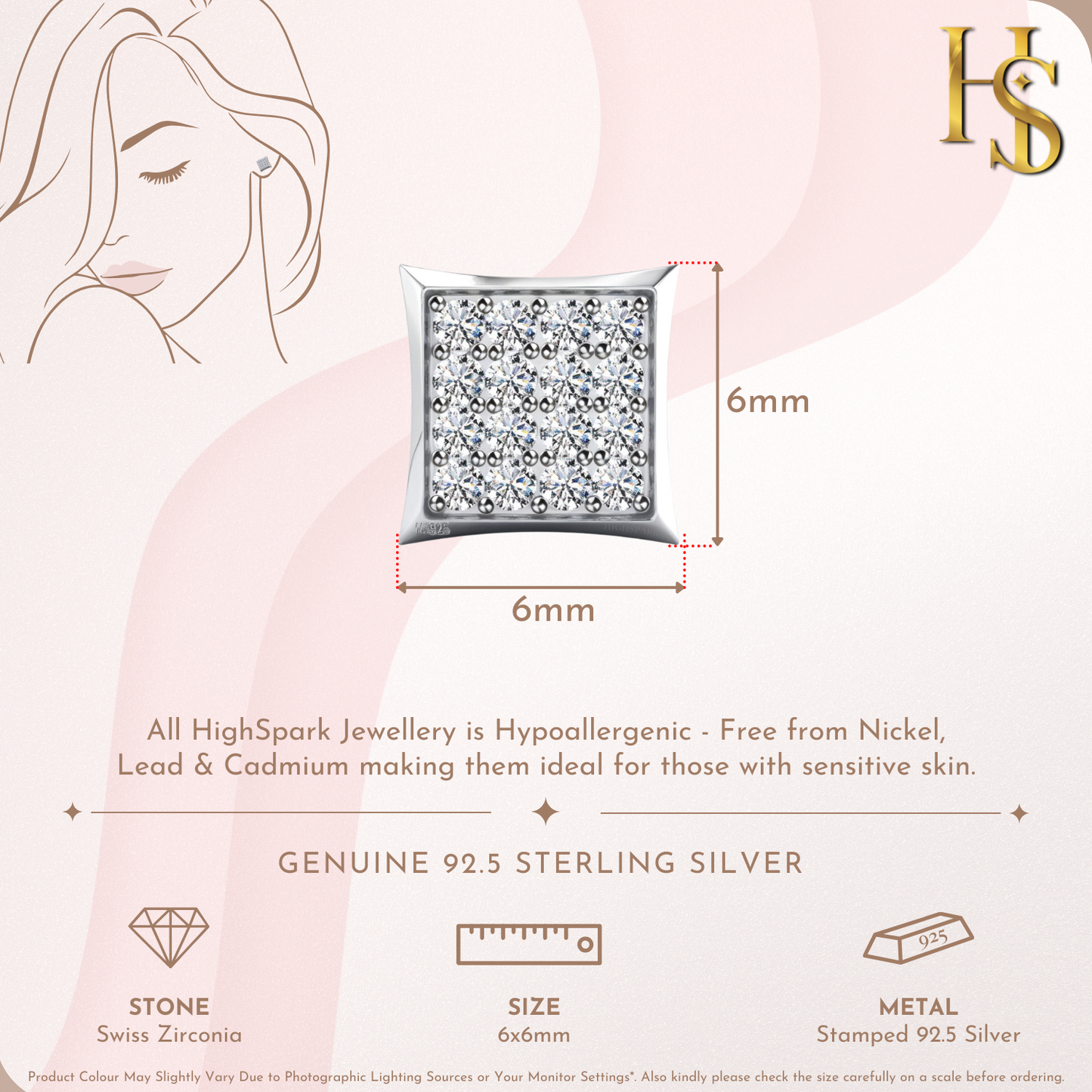 Infographic for square stud earrings showing 6mm dimensions, with a grid of pave-set American diamonds in a sterling silver bezel frame.
