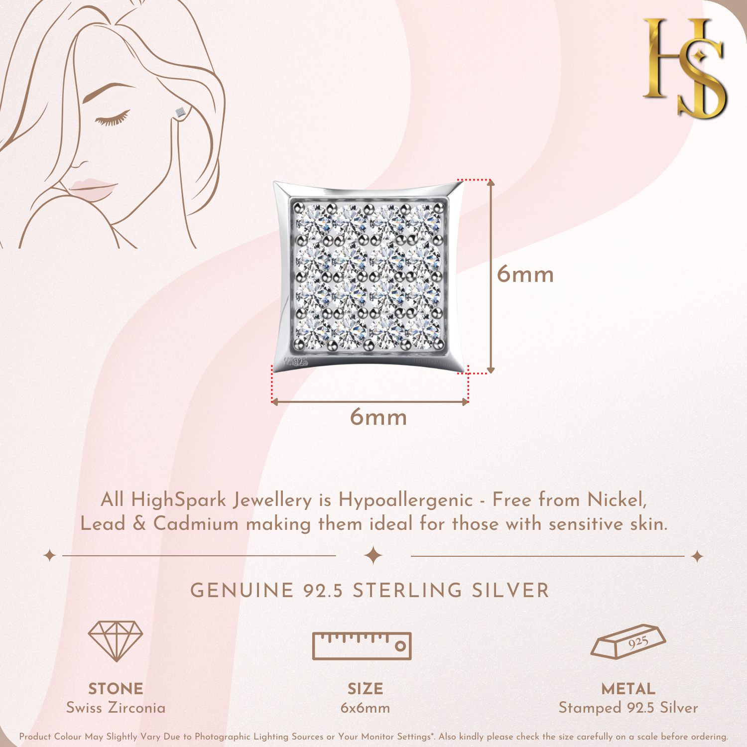 Infographic for square stud earrings showing 6mm dimensions, with a grid of pave-set American diamonds in a sterling silver bezel frame.