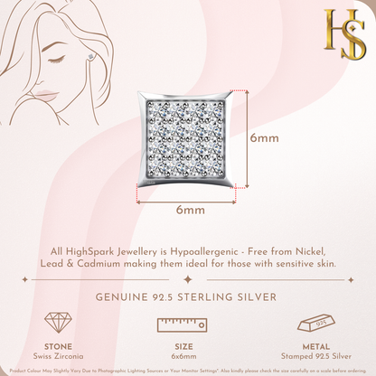 Infographic for square stud earrings showing 6mm dimensions, with a grid of pave-set American diamonds in a sterling silver bezel frame.