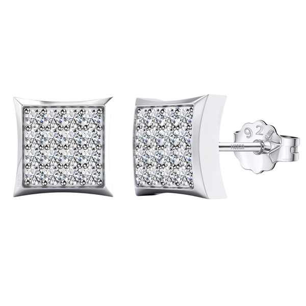 A pair of square stud earrings with a grid of pavé-set American diamonds in a sterling silver setting, shown on a white background.
