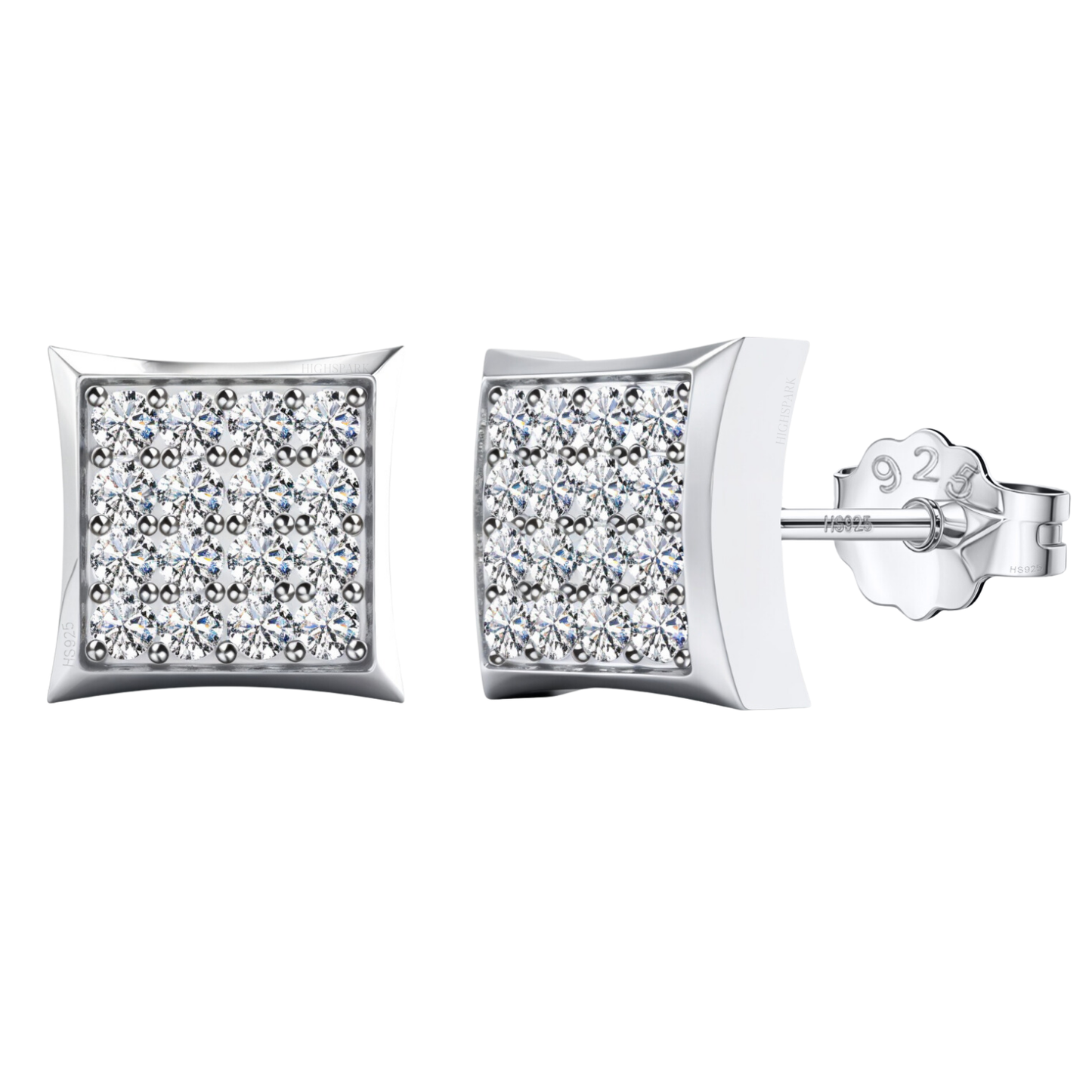 A pair of square stud earrings with a grid of pavé-set American diamonds in a sterling silver setting, shown on a white background.