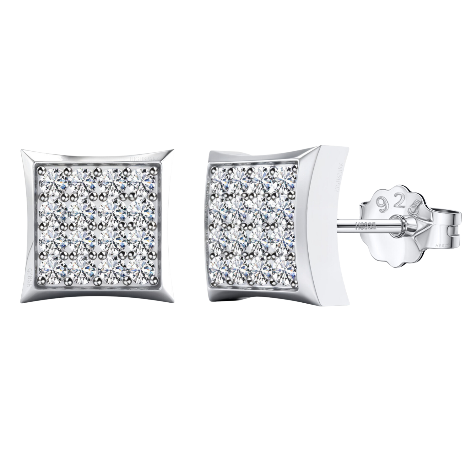 A pair of square stud earrings with a grid of pavé-set American diamonds in a sterling silver setting, shown on a white background.