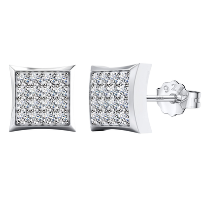 A pair of square stud earrings with a grid of pavé-set American diamonds in a sterling silver setting, shown on a white background.