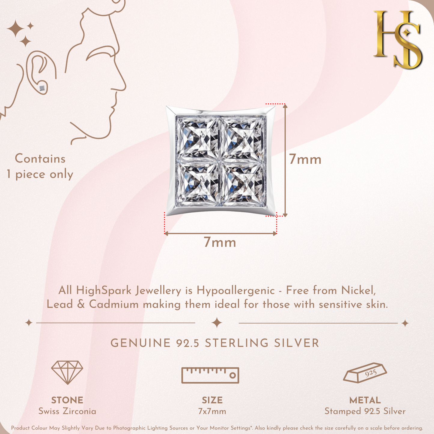 Infographic showing a single square stud earring with four princess-cut American diamonds in a sterling silver bezel setting.