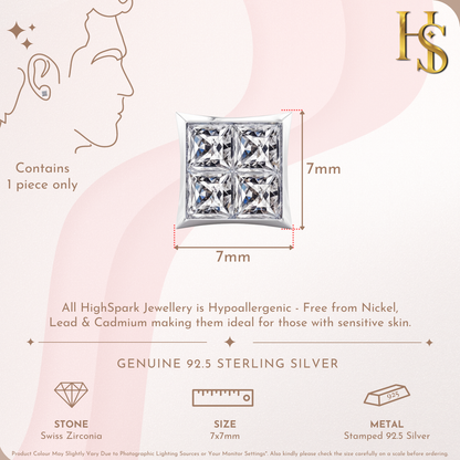 Infographic showing a single square stud earring with four princess-cut American diamonds in a sterling silver bezel setting.