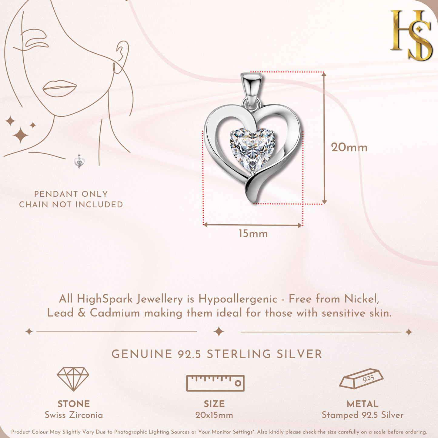 Matters Of Heart Solitaire Pendant in 92.5 Sterling Silver With Diamond like Brilliance Zirconia HighSpark
