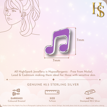 Melodious Music Note Cute Enamel Stud Earrings in 925 Sterling Silver HighSpark