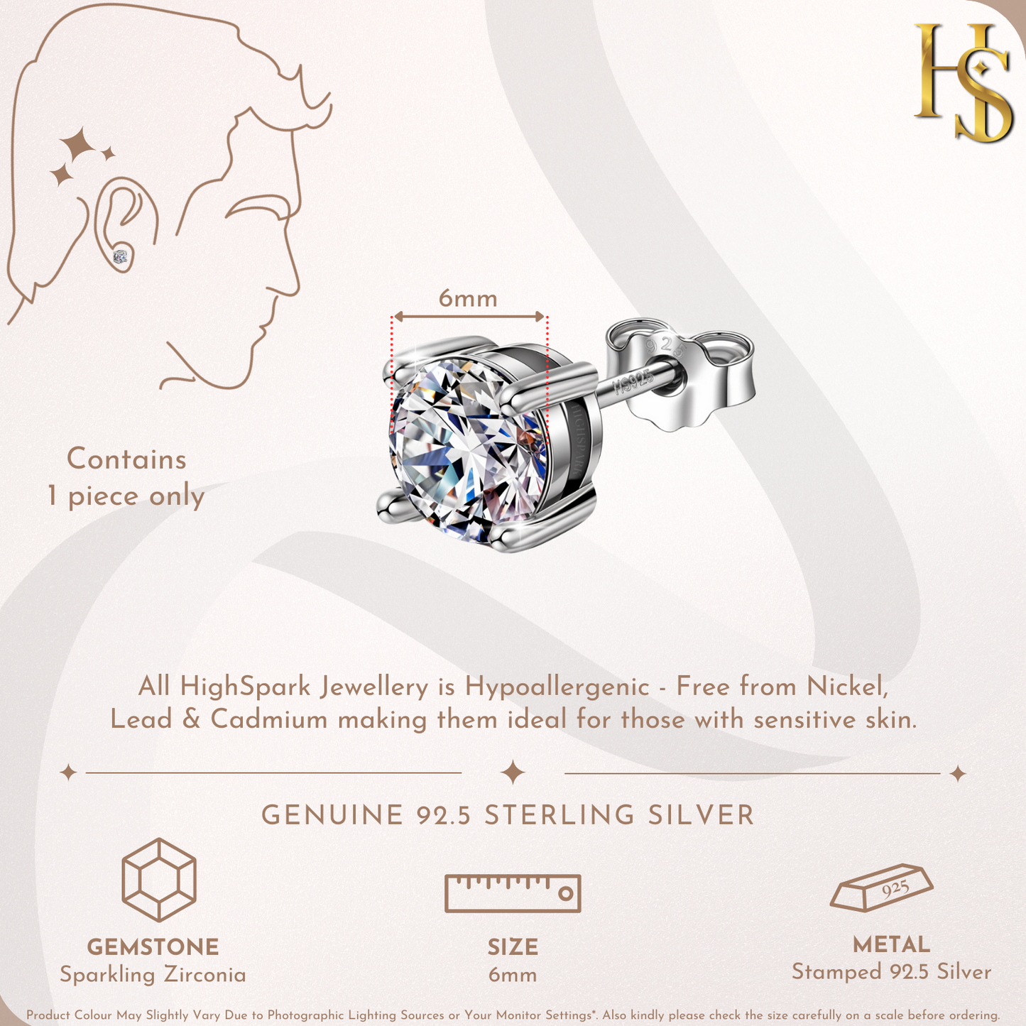 Men's Solitaire Stud Earring - 925 Silver - Birthstone April Clear Sparkling Zirconia - 1 Piece HighSpark