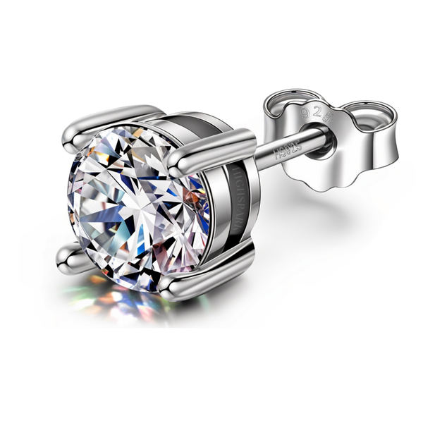 A single solitaire stud earring for men featuring a round, clear American diamond in a four-prong setting, crafted from 925 sterling silver.