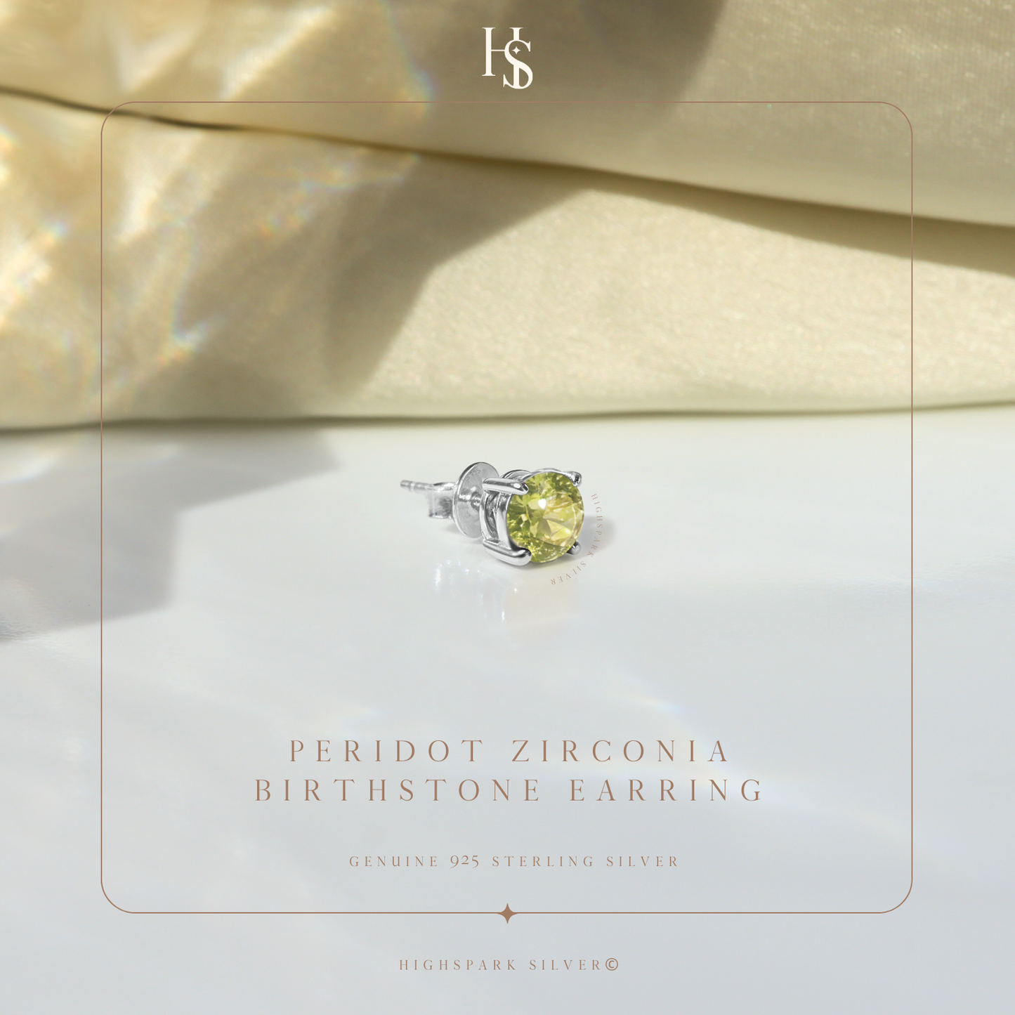 A single sterling silver stud earring with a round, peridot-green American diamond in a four-prong setting.