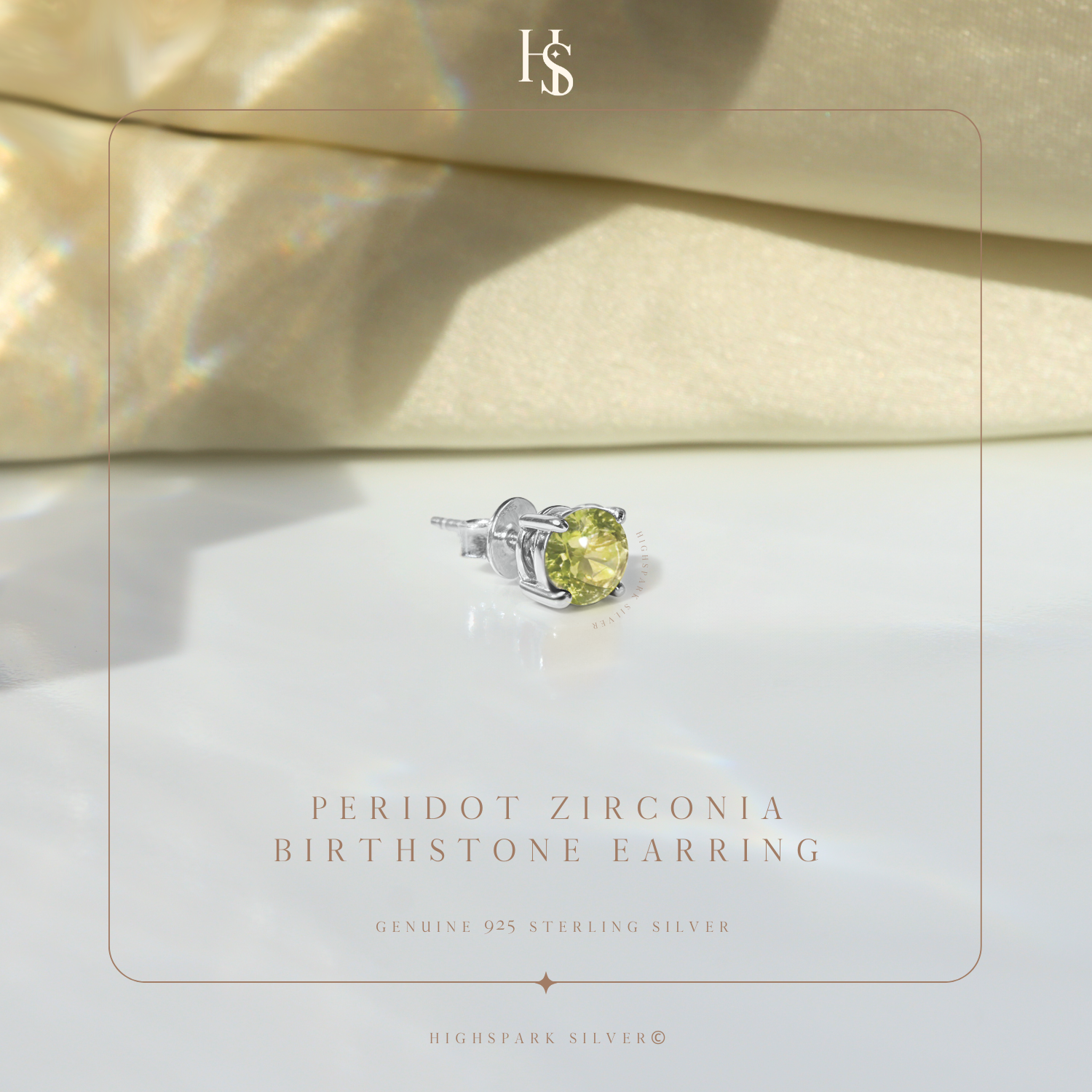 A single sterling silver stud earring with a round, peridot-green American diamond in a four-prong setting.
