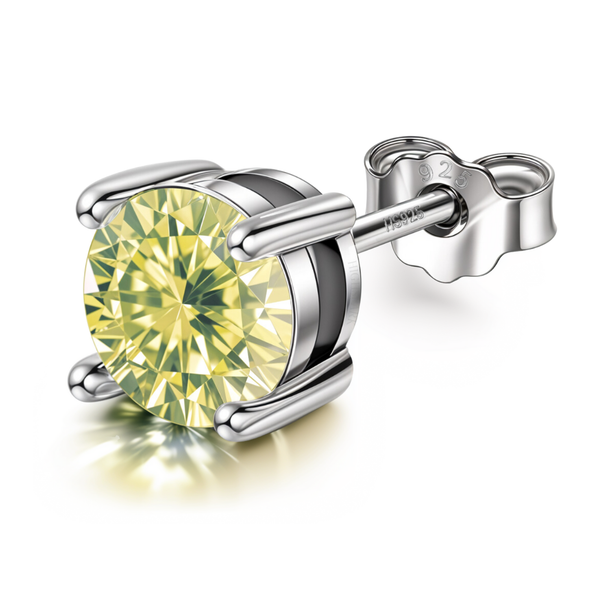 A single men's stud earring with a round, peridot-colored American diamond in a four-prong sterling silver setting on a white background.