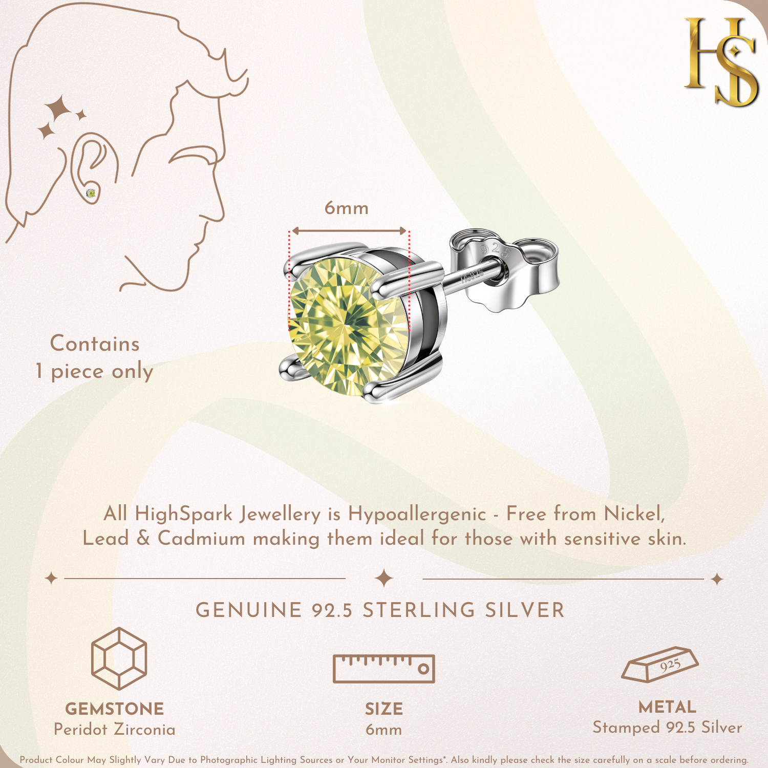 Infographic showing a single sterling silver stud earring with a 6mm round peridot-green American Diamond in a four-prong setting and.