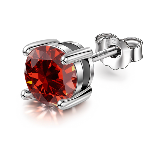 A single men's stud earring features a round, brilliant-cut garnet American diamond in a four-prong setting of 925 sterling silver.
