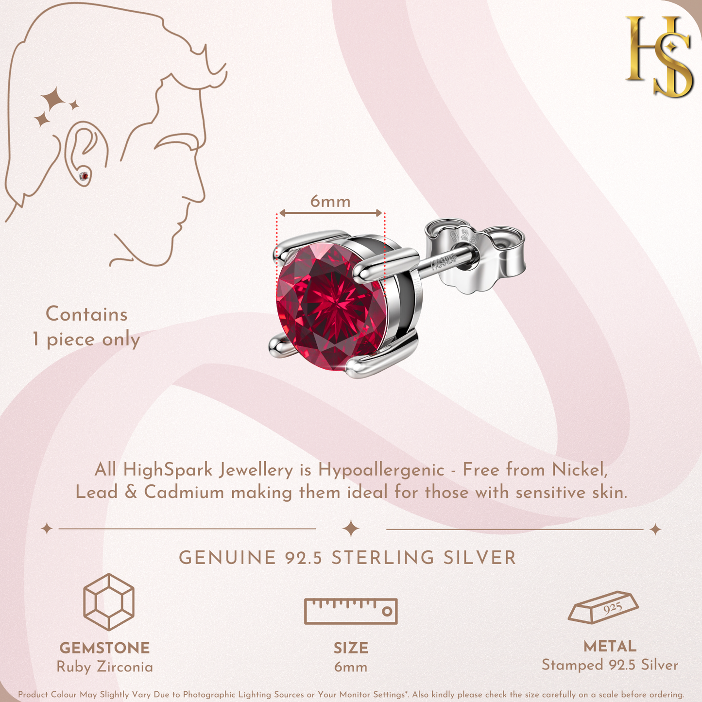 Infographic showing a single men's stud earring with a 6mm round ruby American Diamond stone in a sterling silver prong setting.