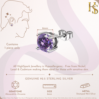 Infographic for a men's solitaire stud earring showing its 6mm size and features like a purple alexandrite American Diamond stone.
