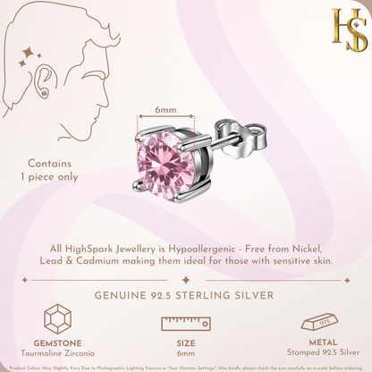Infographic showing a men's solitaire stud earring with a 6mm round pink tourmaline American Diamond in a four-prong sterling silver.