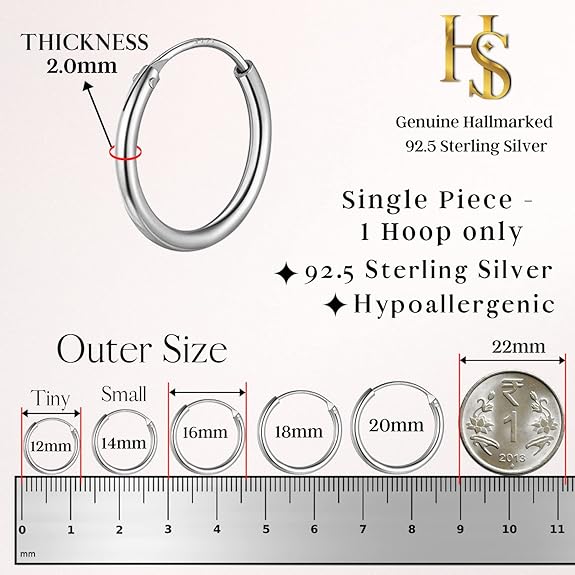 Mens Classic Hoop Earrings in 92.5 Sterling Silver - 1.2mm Thickness - Small Sizes 10mm to 20mm (Thin & lightweight Hoops) HighSpark