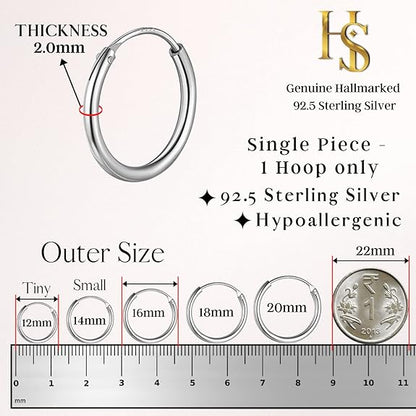 Mens Classic Hoop Earrings in 92.5 Sterling Silver - 1.2mm Thickness - Small Sizes 10mm to 20mm (Thin & lightweight Hoops) HighSpark