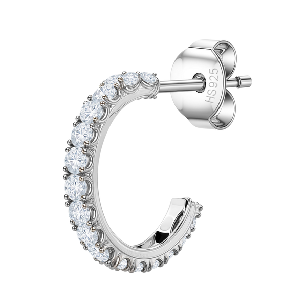 A single half hoop stud earring with prong-set American diamonds along the curve, made from sterling silver with a push back closure.