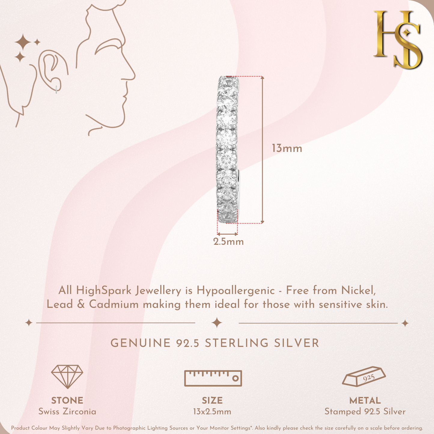 An infographic showing the dimensions of a sterling silver half hoop earring set with American diamonds, measuring 13mm by 2.5mm.