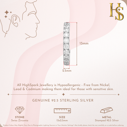 An infographic showing the dimensions of a sterling silver half hoop earring set with American diamonds, measuring 13mm by 2.5mm.